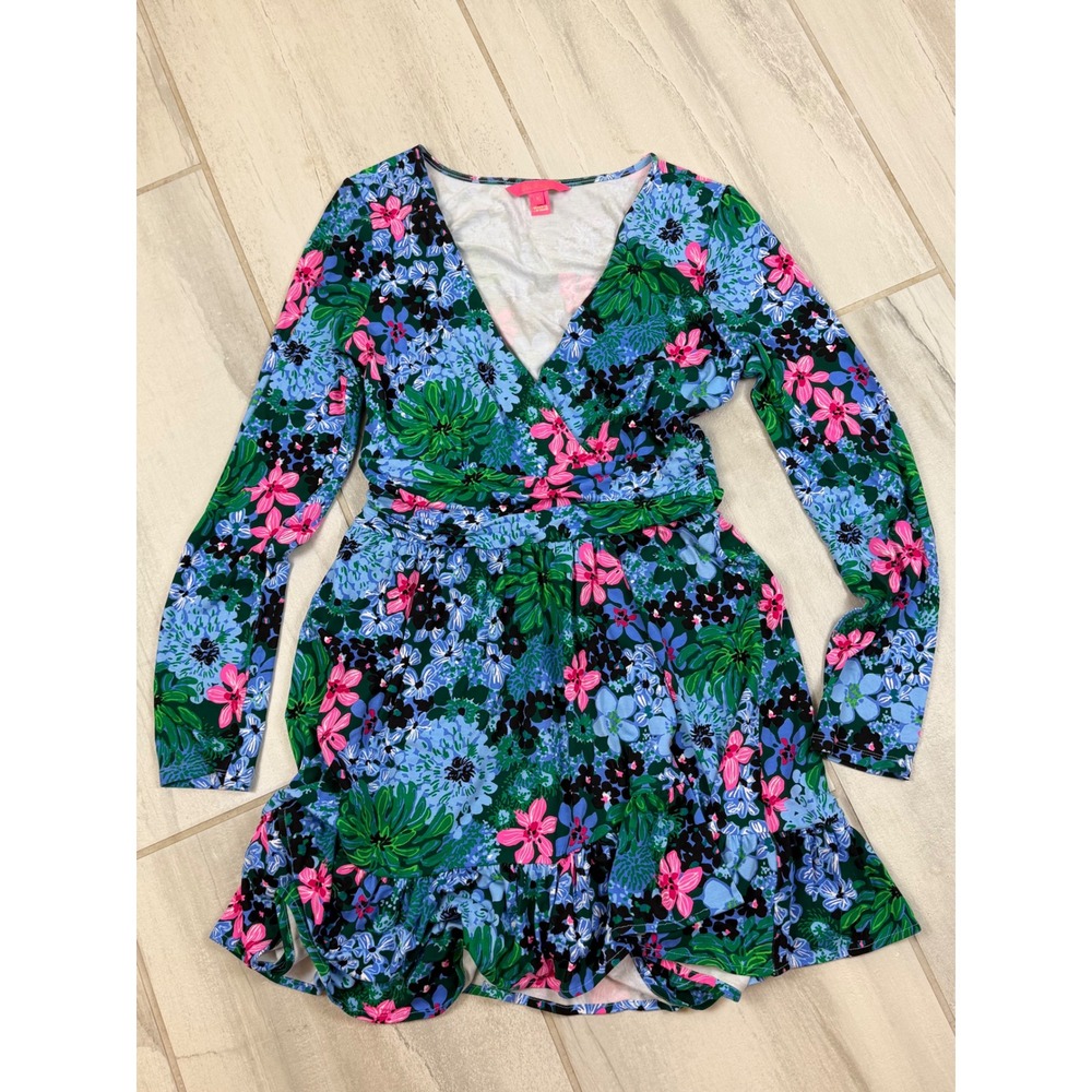 Lilly Pulitzer Blue Green Floral Long Sleeve Ruffle Hem Wrap Dress Womens Medium